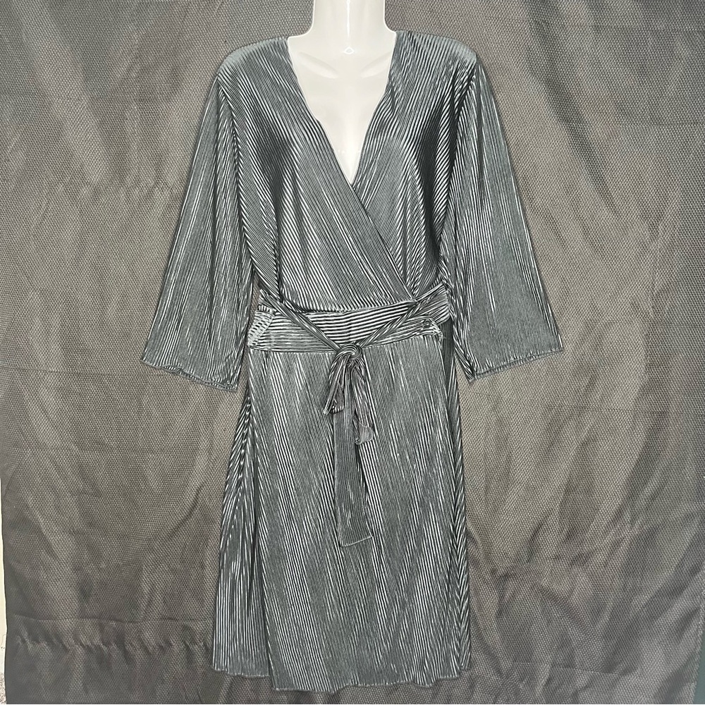 Ashley Stewart Size 18/20 Black Micro Pleat Midi Wrap Dress Lined Flowy